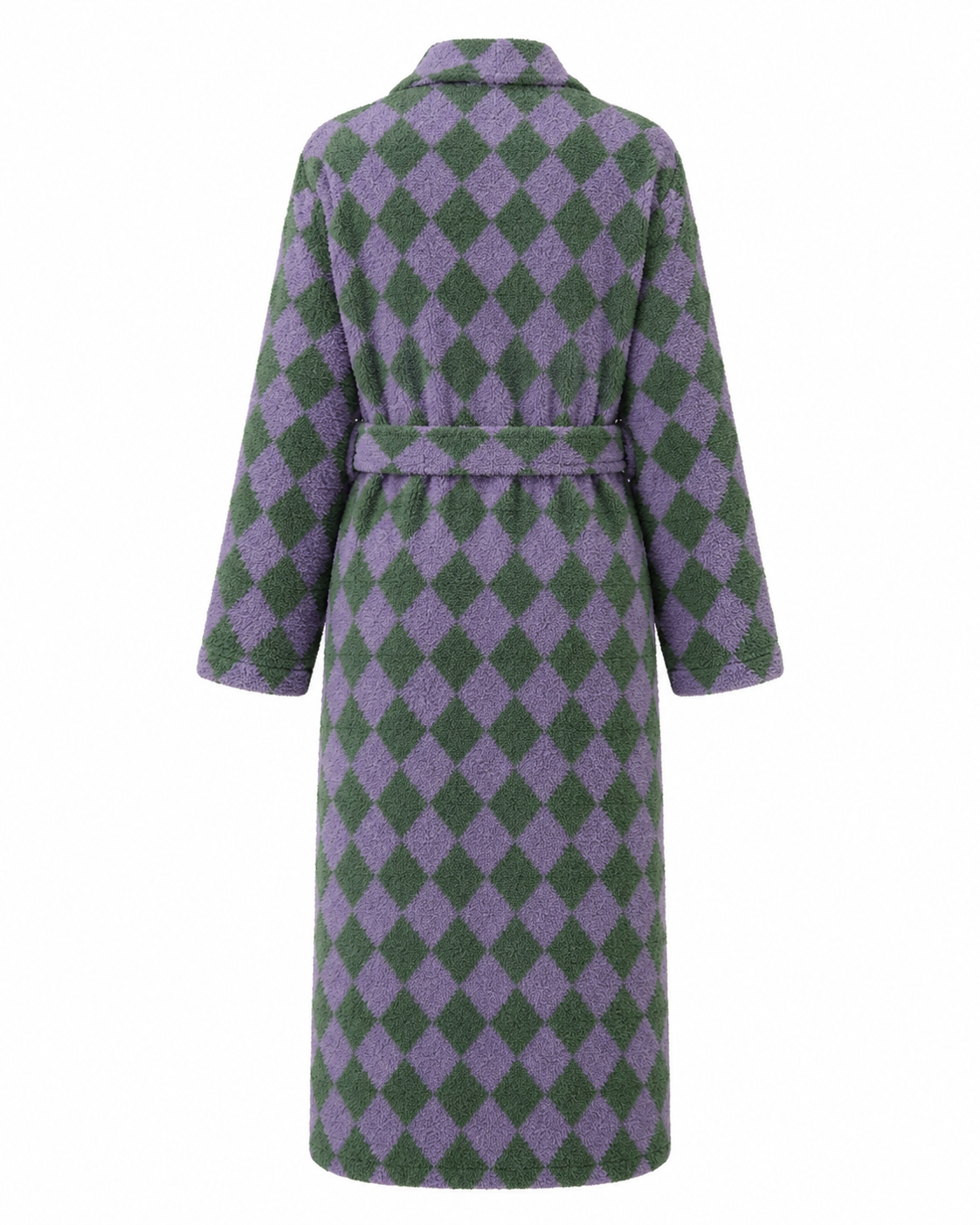 lavender and green cotton terry bathrobe in diamond pattern