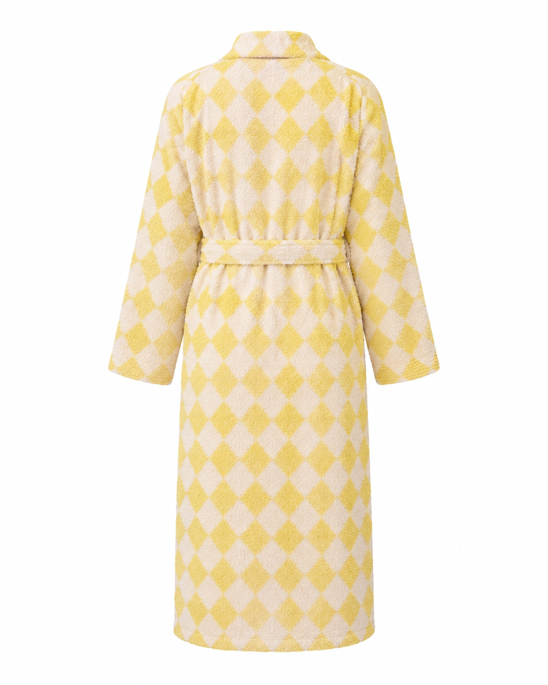 Butter yellow cotton terry bathrobe in diamond patterns