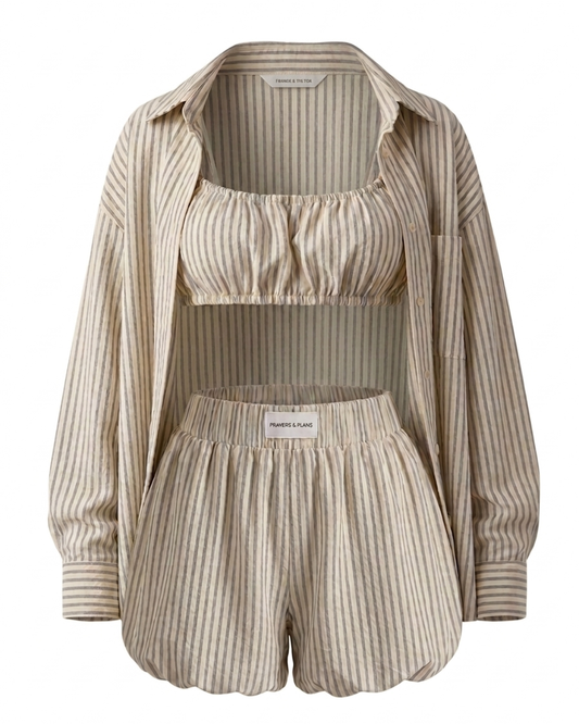 Sage and ivory striped bubble short set outfit with top, shorts, and shirt.