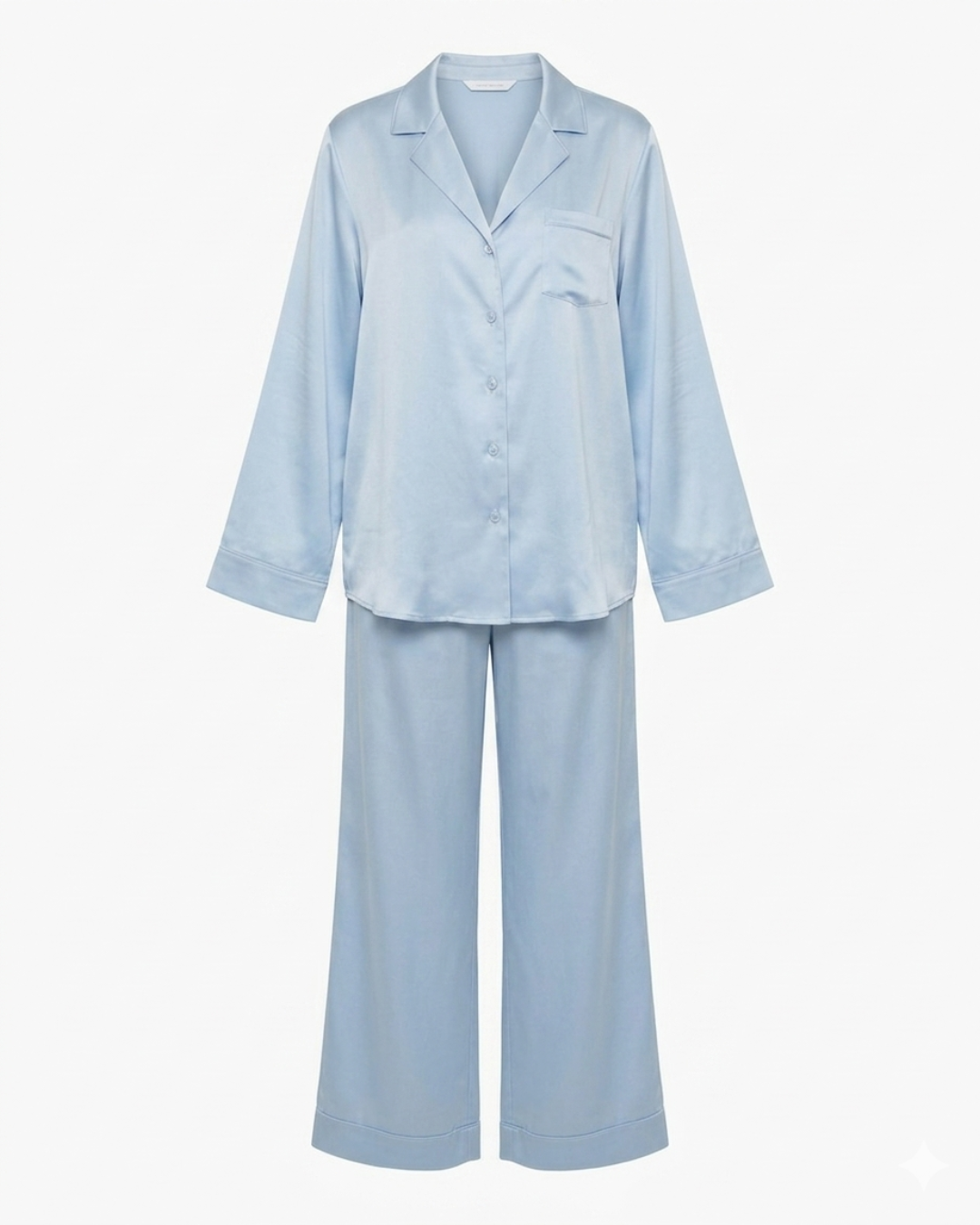 Light blue silk pyjama set.
