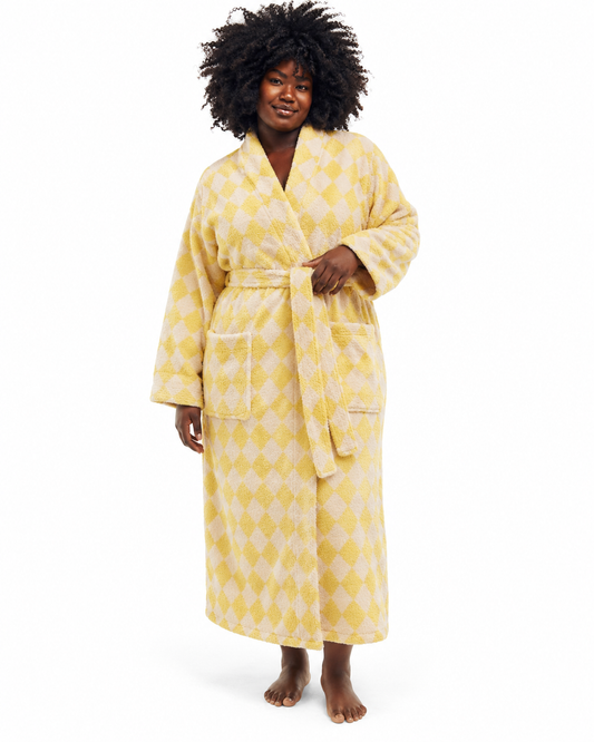 Butter yellow cotton terry bathrobe in diamond patterns
