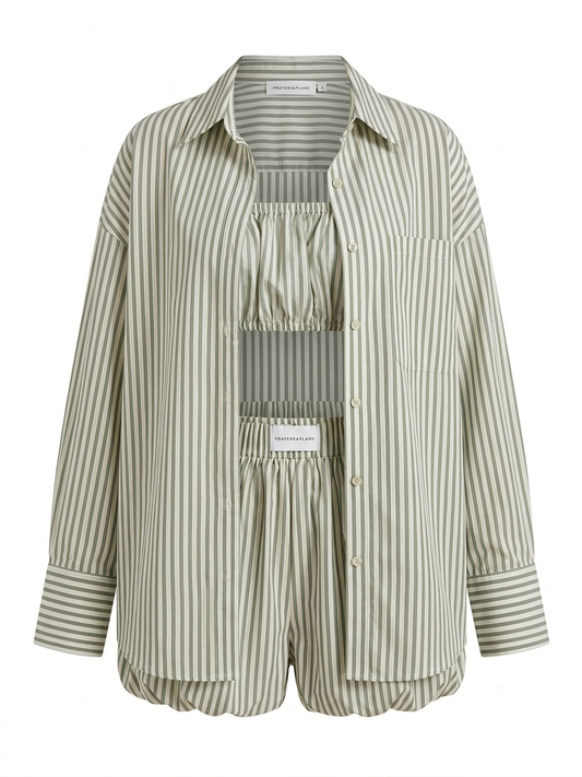 Sage and ivory striped bubble short set outfit with top, shorts, and shirt.