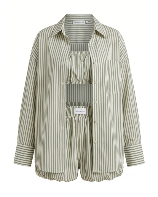 Sage and ivory striped bubble short set outfit with top, shorts, and shirt.