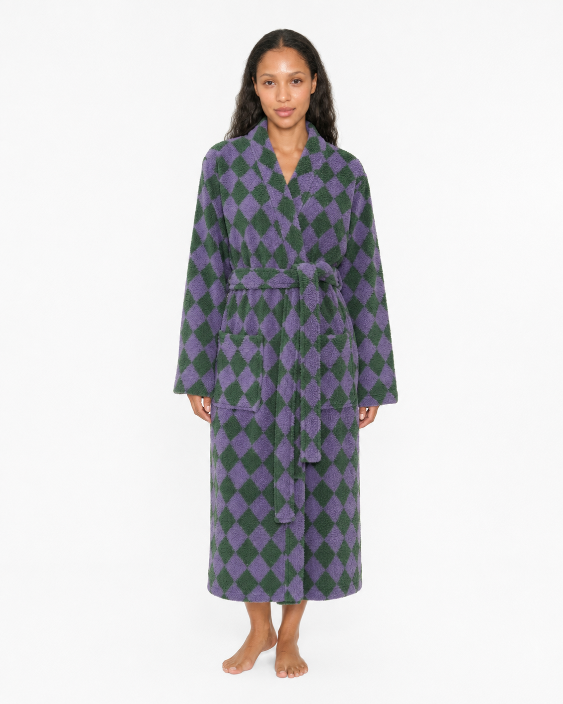 lavender and green cotton terry bathrobe in diamond pattern