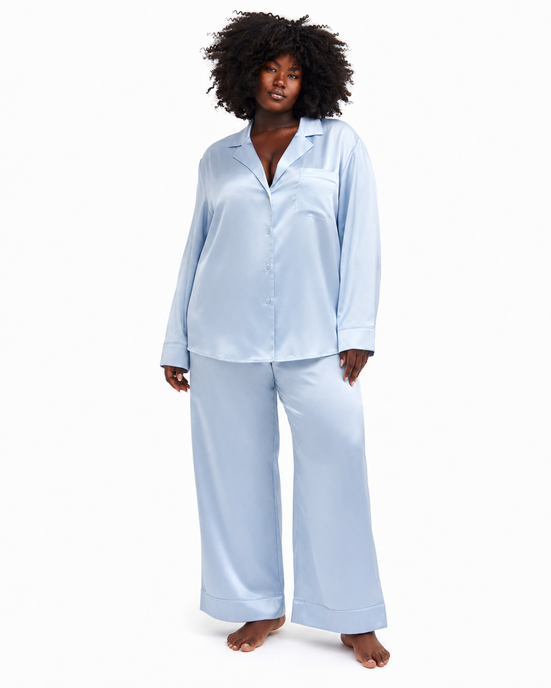 Light blue silk pyjama set.