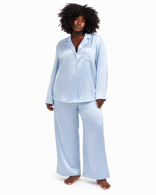 Light blue silk pyjama set.