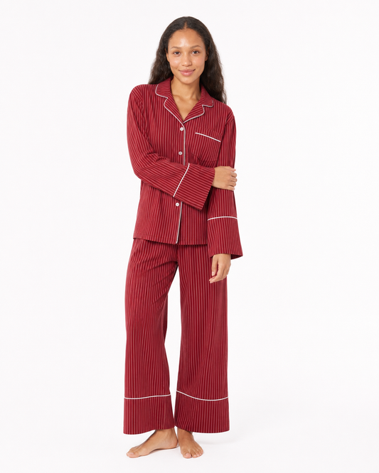 red and burgundy cotton striped pyjamas set