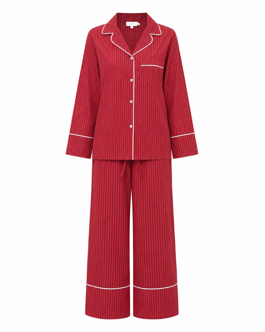 red and burgundy cotton striped pyjamas set