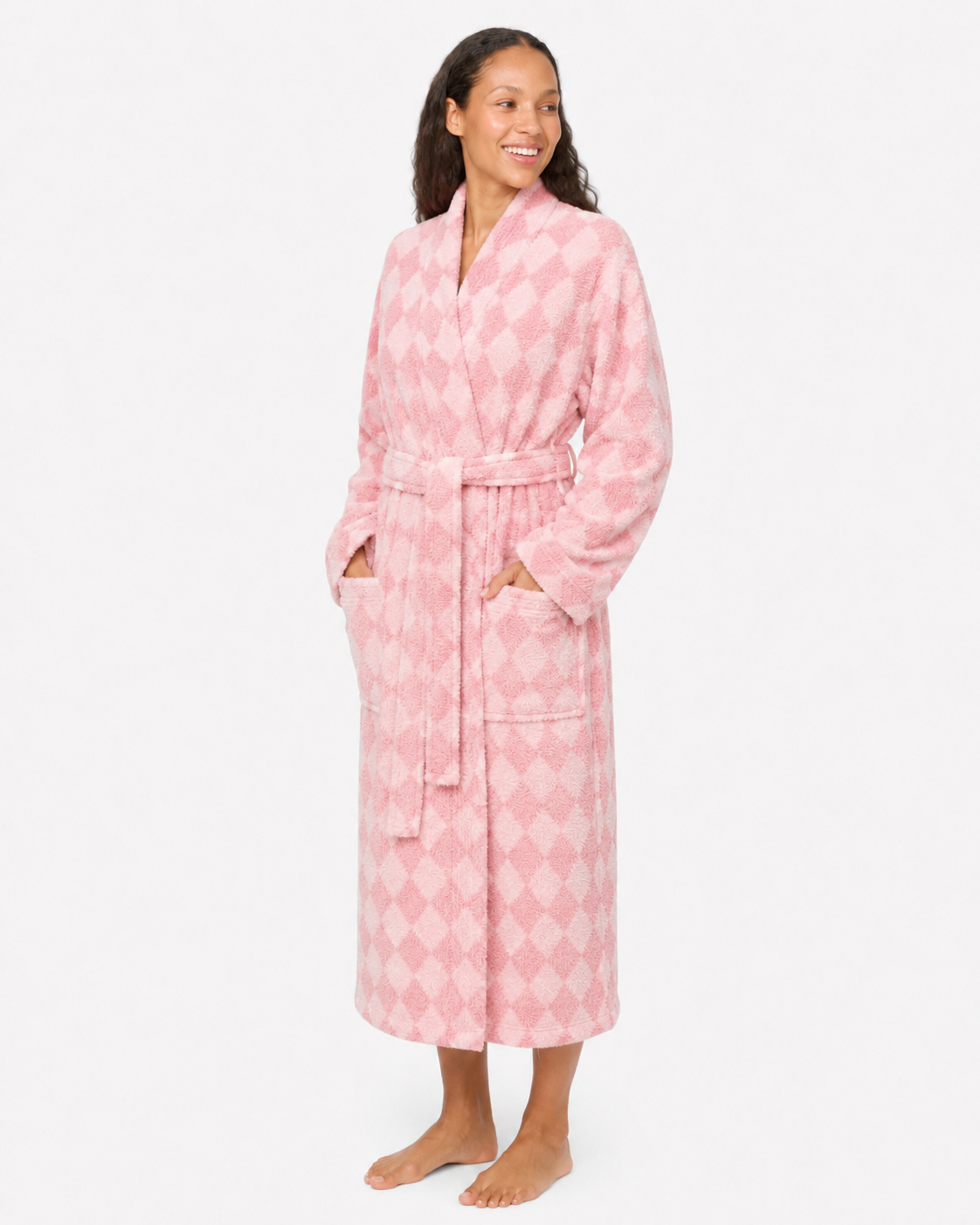 cherry blossom pink cotton terry bathrobe in diamond pattern