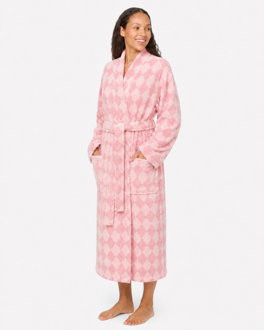 cherry blossom pink cotton terry bathrobe in diamond pattern