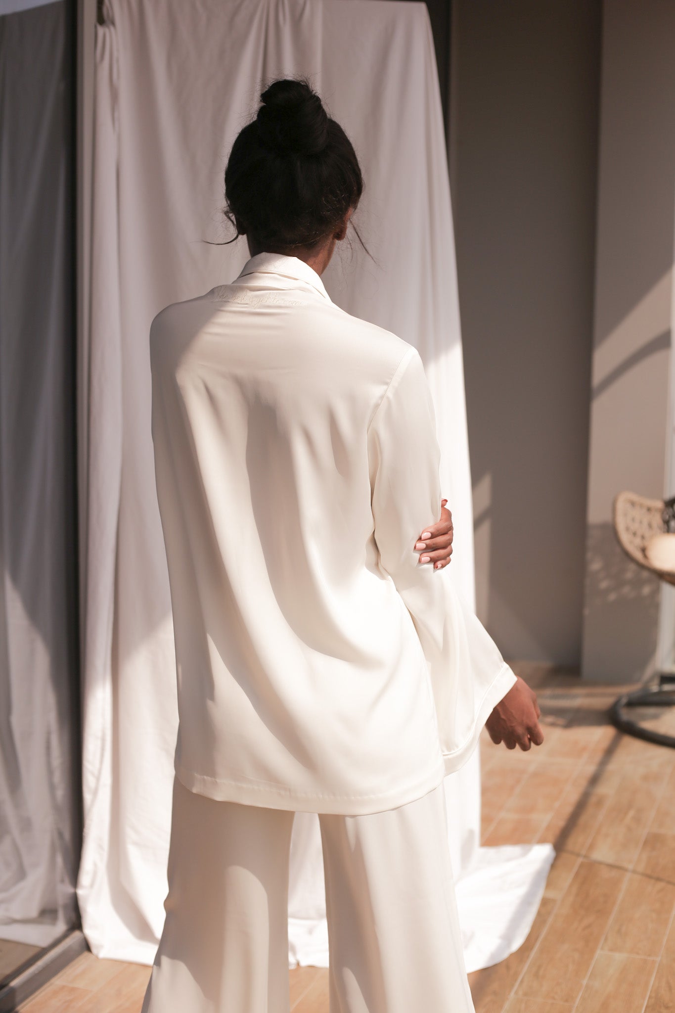 Jessica Flare Silk Pyjama Set Pearl White